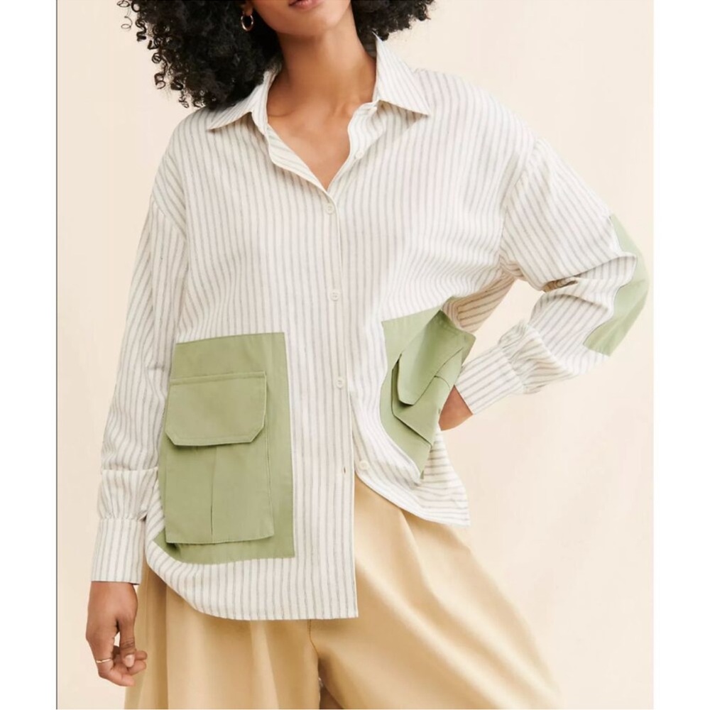 Anthropologie Cream Striped Button-Down Shirt with Light Green Patch Pockets